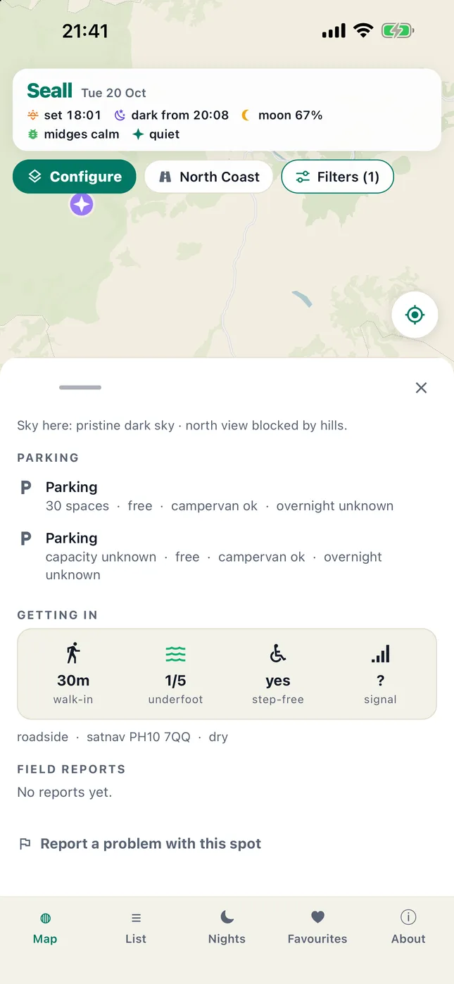 Seall in day colours with the campervan filter on and the Devil's Elbow viewpoint in Glenshee open at its parking: 30 free spaces, campervans OK and a 30 m walk in